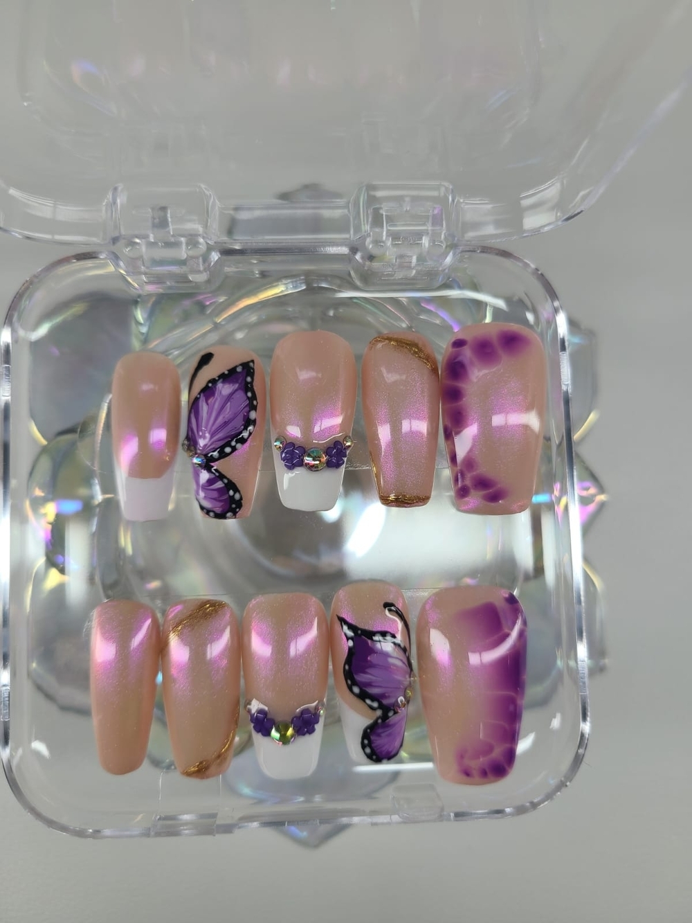 Size-Medium-Handmade Purple Butterfly Pink Pearl Press-On Nails